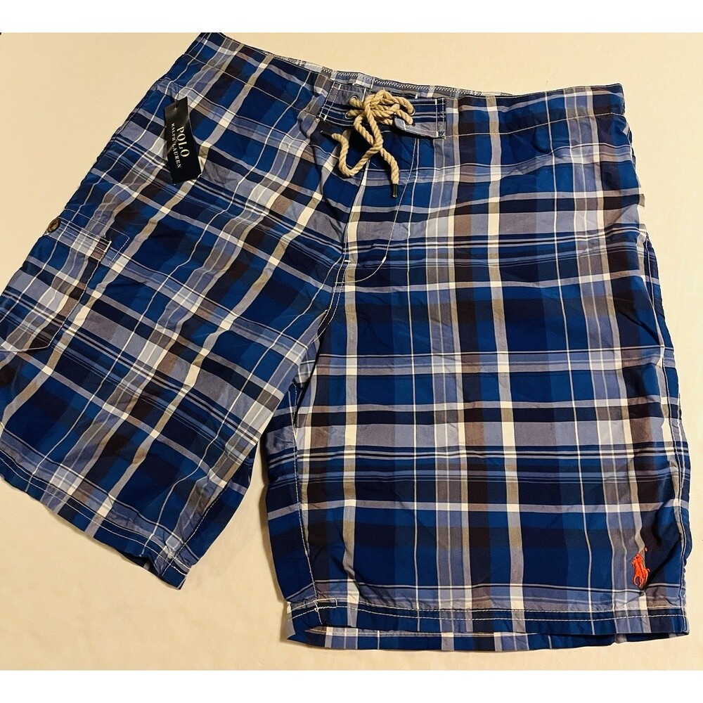 NWT Polo Ralph Lauren Swimwear Blue Plaid Swim Trunks Shorts Men’s 36 Pony NEW